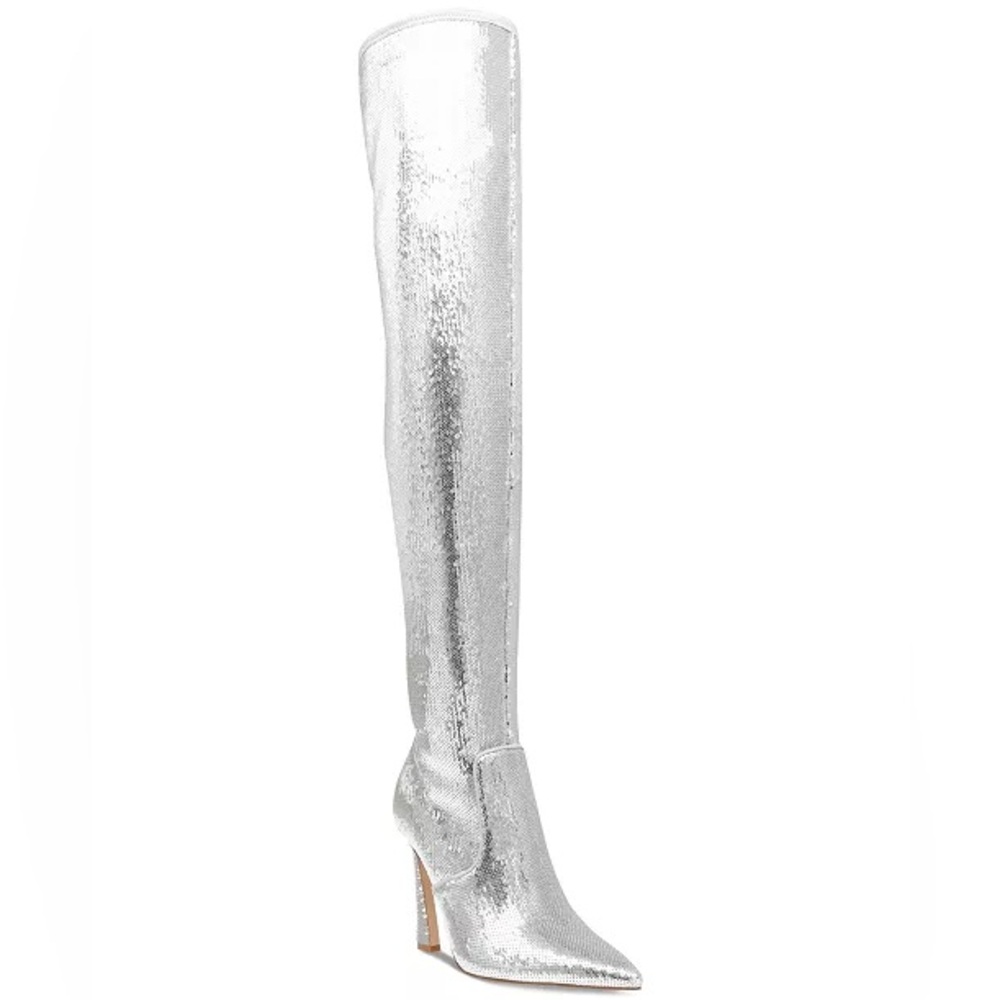 Steve Madden Laddy Pointed-Toe Over-The-Knee silver sequin Boots 7M ✨SALE✨NWT